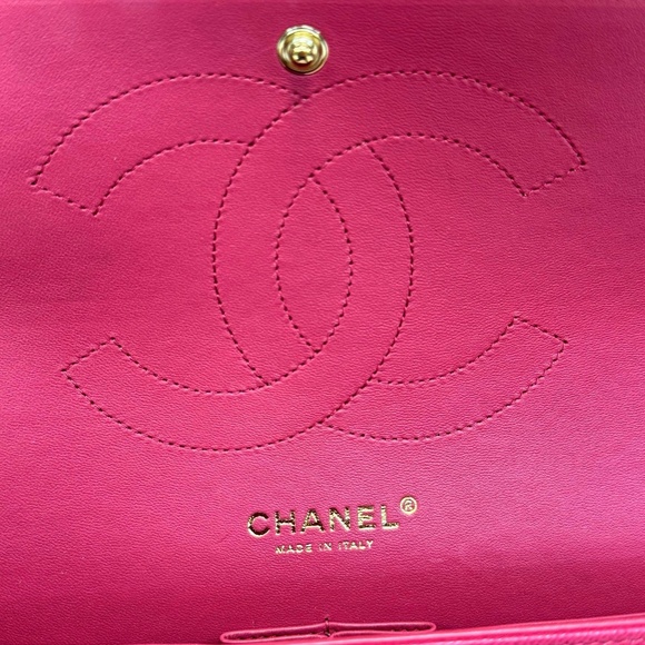 New Rare CHANEL Fuchsia Pink Large Classic Flap Bag Grained Calfskin Gold metal - Picture 12 of 14
